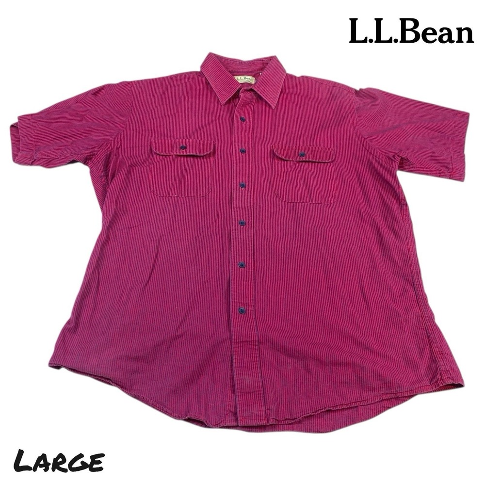 VTG LL Bean Shirt Mens L Red Stripe Button Up Short Sleeve Freeport Maine Cotton